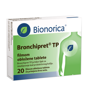 Pakiranje Bronchipret TP sa 20 obloženih tableta za olakšavanje iskašljavanja guste sluzi kod produktivnog kašlja.
