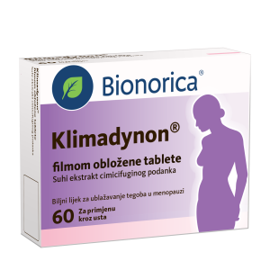 Pakiranje Klimadynon sa 60 obloženih tableta za ublažavanje tegoba u menopauzi.