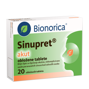 Pakiranje Sinupret akut sa 20 obloženih tableta za liječenje akutne, nekomplicirane upale sinusa.