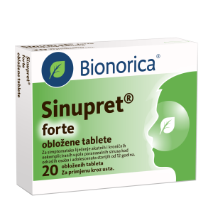 Pakiranje Sinupret forte sa 20 obloženih tableta za liječenje akutnog i kroničnog sinusitisa.