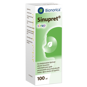 Pakiranje Sinupret sirup od 100 ml za simptomatsko liječenje akutne i kronične nekomplicirane upale paranazalnih sinusa.